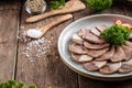 Kazakh national horse meat sausage qazy platter Royalty Free Stock Photo