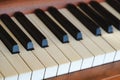 Closeup of the keys of an old vintage upright piano, worn out keyboard Royalty Free Stock Photo