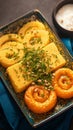 Closeup Khaman Dhokla and Jalebi, a popular snack.