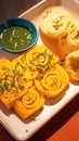 Closeup Khaman Dhokla and Jalebi, a popular snack.