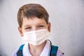 Closeup Kid face wearing protective face mask for pollution or virus, Cropped shot of school boy wearing protection mask against Royalty Free Stock Photo