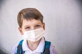 Closeup Kid face wearing protective face mask for pollution or virus, Cropped shot of school boy wearing protection mask against Royalty Free Stock Photo