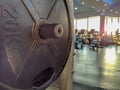 Closeup of 20 kilogram weight metal steel and modern gym equipment around on a sunny day