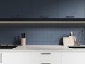 Closeup of kitchen interior with stove and sink, blue shelves and kitchenware Royalty Free Stock Photo