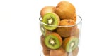 Closeup kiwi fruit in the glass bowl on white background