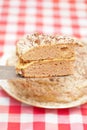 Closeup knife slice cake decorated