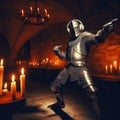 closeup of a knight in armor wearing headphones dancing in the castle