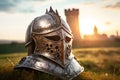 Knight helmet on green grass meadow front of medieval castle. Generative AI