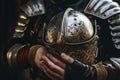 Closeup knight helmet in hand of medieval warrior. Generative AI Royalty Free Stock Photo