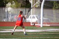 Closeup of a lacrosse player running in a sports field
