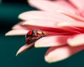 Closeup of Ladybird (Coccinellidae) on pink petals of Gerbera on turquoise background