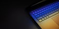 laptop computer keyboard on dark table with colorful light reflection. banner with copy space Royalty Free Stock Photo