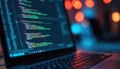 Closeup laptop screen displays software code. Modern tech background shows coding in progress. Developer works on project.