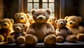 Large Group of Cute Smiling Teddy Bears Looking at Camera - Generative Ai