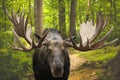 The Closeup of a large male moose buck standing in a forest on Kamchatka