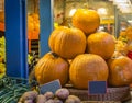 Closeup of large pile of orange pumpkins at a pumpkin stand at the farmers market in autumn. Empty plates for price