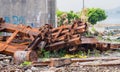 Closeup of large rusted railroad cars