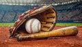 Baseball Glove with Bat and Ball on a Baseball Field - Generative Ai Royalty Free Stock Photo