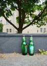 Closeup of Lech's brand of empty beer bottles on the ground