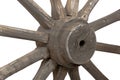 Closeup left view of vintage wooden wagon wheel