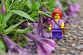 Closeup of a Lego minifigure of a female on the rocky ground