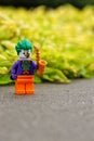 Closeup of a Lego minifigure of the Joker on the rock against the blurry background