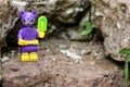 Closeup of a Lego minifigure of the purple-colored Catwoman holding ice cream on a rock Royalty Free Stock Photo