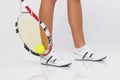 Closeup on the Legs of Caucasian Female Tennis Player Wearing Pr Royalty Free Stock Photo