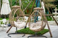 Closeup of leisure rattan hanging chair outdoors Royalty Free Stock Photo