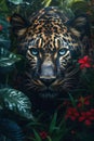 Closeup of a leopard\'s face with blue eyes surrounded by flowers Royalty Free Stock Photo