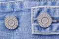 Closeup of Levi Strauss button on blue jeans.