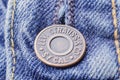 Closeup of Levi Strauss button on blue jeans.