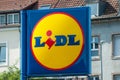 Closeup of Lidl signage in outdoor, Lidl is the famous german chain of discounter supermarkets