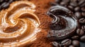Closeup of light and dark swirls colliding and merging together in a vibrant and captivating display of coffee dynamics