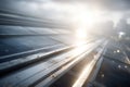 Closeup linear solar cells at sunrise, sharp focus on microtextures and metallic rails, tiny water beads catching light Royalty Free Stock Photo