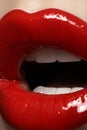 Closeup lips with fashion glossy red make-up Royalty Free Stock Photo