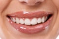 Closeup, lips and teeth whitening with woman for beauty, makeup with gloss for hydration and dental health in studio