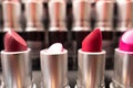 Closeup lipstick. Fashion Colorful many Lipsticks . Beautiful Make-up concept