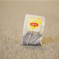 Closeup of Lipton brand black tea bag on the table