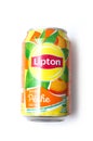 Closeup of Lipton ice tea can on white background