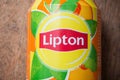 Closeup of Lipton ice tea can on wooden background