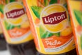 Closeup of Lipton ice tea in plastic bottles on white background