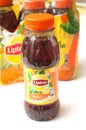 Closeup of Lipton ice tea in plastic bottles on white background