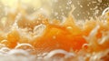 Closeup of liquid amber orange juice with bubbles underwater