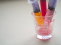 Closeup liquid medicine in syringe in glass