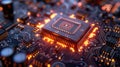 Closeup of a Lit Up Microchip on a Circuit Board