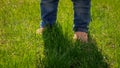 Closeup of little baby s feet in jeans standing on green grass lawn. Kids outdoors, children in nature, baby playing outside Royalty Free Stock Photo