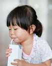 Closeup of little girl drinking milk with straw Royalty Free Stock Photo