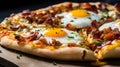 A closeup of a loaded breakfast pizza with eggs and bacon