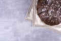 Closeup of a loaf of freshly baked handmade bread on a table with copy space